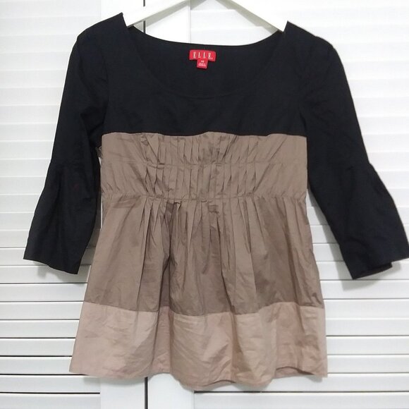 Elle Top Black Tan 100% Cotton Flutter Sleeve Color blocked Blouse Womens X Sm - Picture 1 of 7